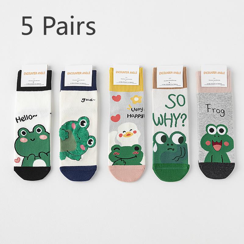 5 Pairs of Female Spring and Autumn Cartoon Green Frog Straight Plate Boneless Lovely Student Cotton Socks