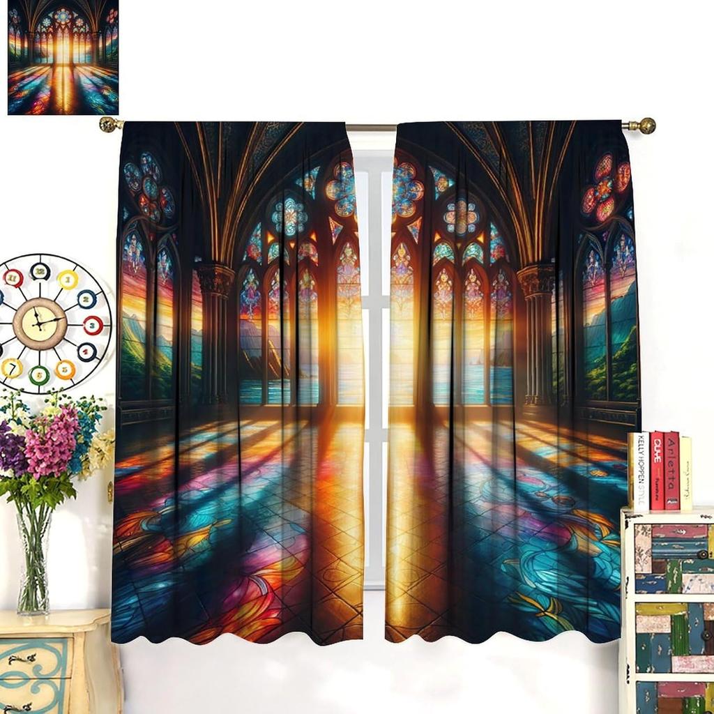 Stained Glass Cathedral Curtains Church Window Light Print for Living Room Decor