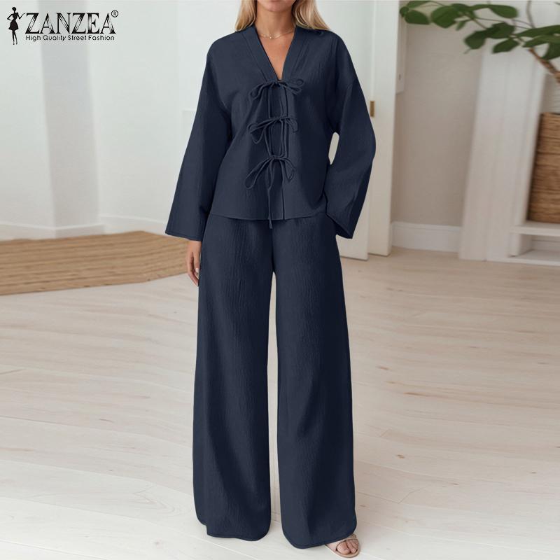 ZANZEA Damen Langarm Schnürbluse und Hose Lässige zweiteilige Anzugsets