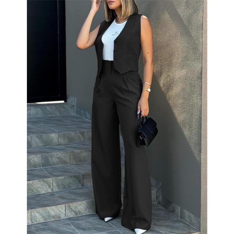 Women 2 Piece Suit Sleeveless Button Vest High Waist Wide Leg Pants Office Casual Outfit