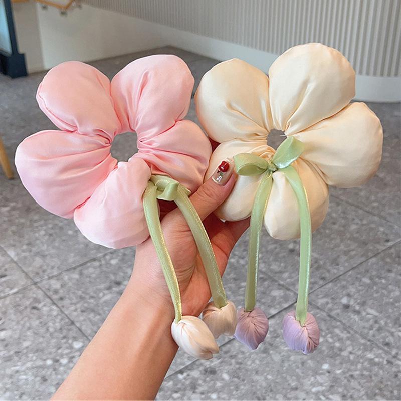 Sweet Gentle Women Tulip Flowers Ribbons Hair Scrunchies Fairy Bowknot Streamers Hair Ribbons Ponytail Holder Hair Accessories