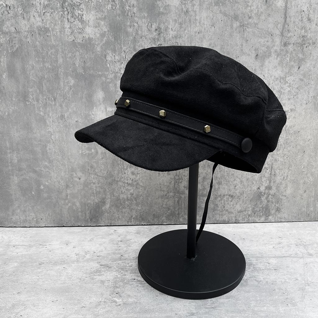 Autumn retro versatile imitation suede cloth flat-top newsboy hat female rivet belt buckle flat-top face small equestrian hat