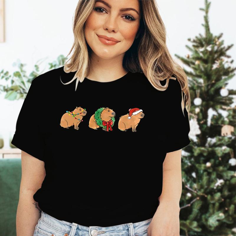 Merry Christmas Capybaras Print Women Fashion Casual Tshirts Capybara Kawaii Cartoon Tee Capybaras Lover Christmas Gift Tshirt