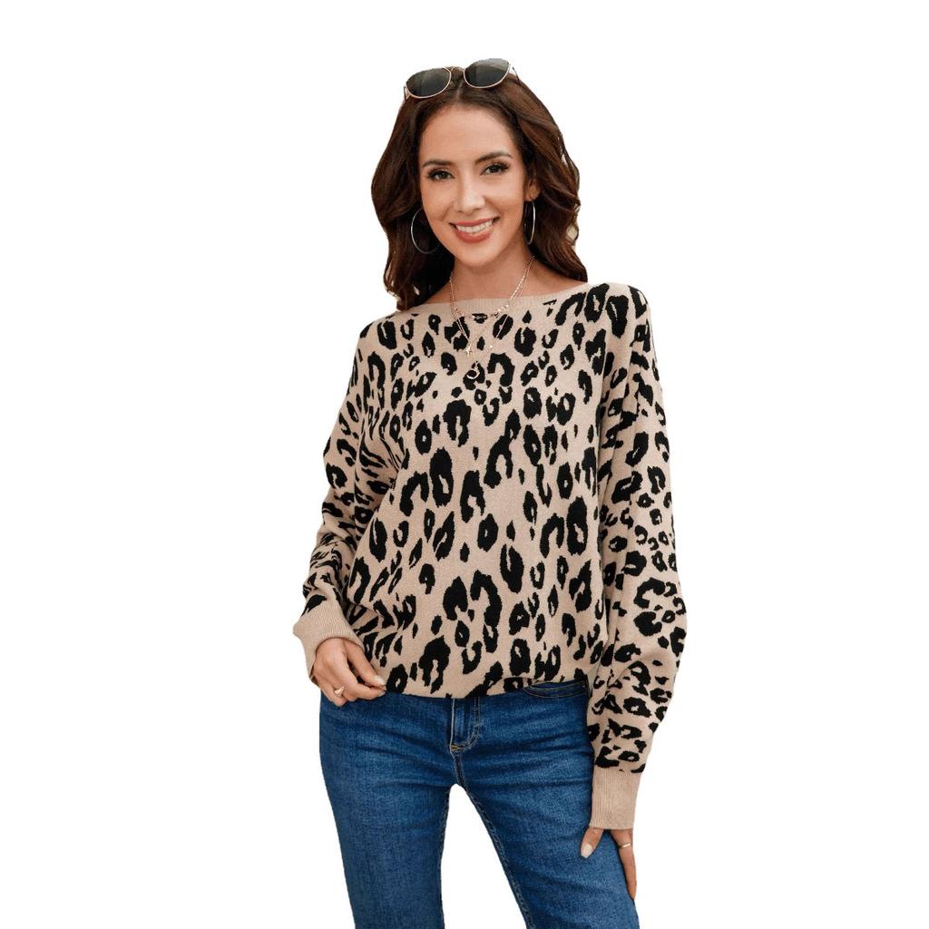 2022 Popular Women's One-Neck Heavy Industry Leopard Print Jacquard Fattened Batman Pullover Sweater