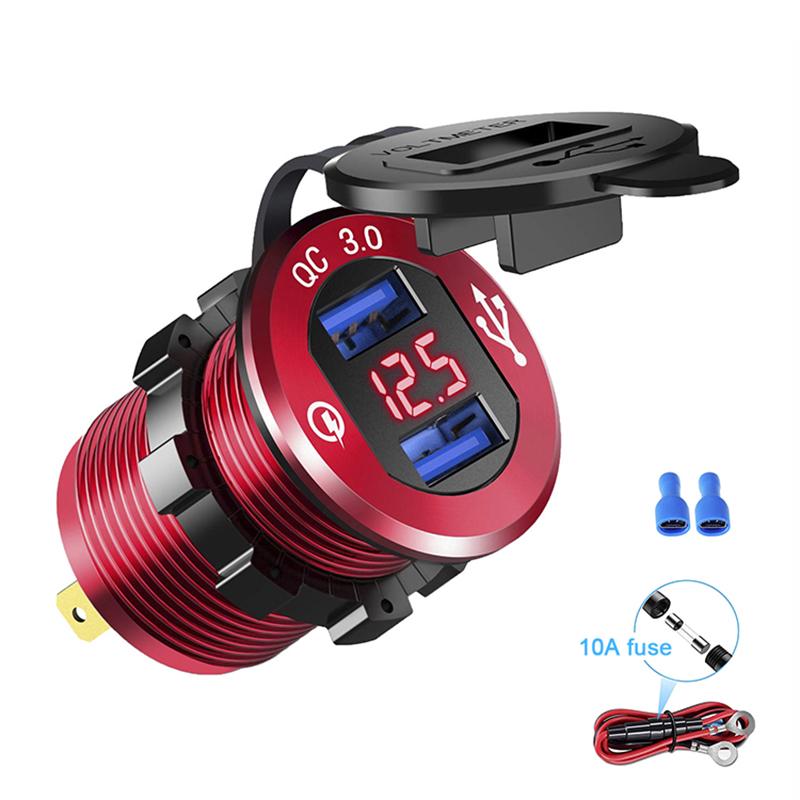 Quick Charge 3.0 Dual USB Car Charger Fast Charge Socket Aluminium Power Outlet with LED Voltmeter for 12V 24V Car Boat
