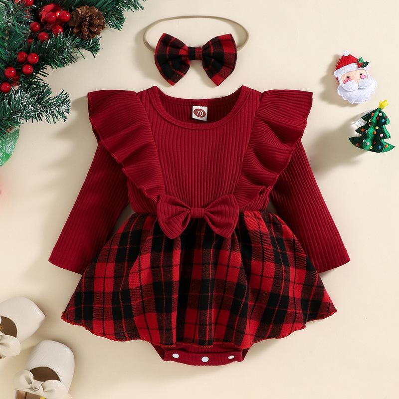 

Red Plaid Baby Romper Dress for Christmas - Long-Sleeved, European & American Style, Spring/Autumn Wear 70cm