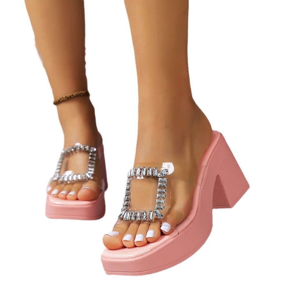 Women's Summer Sequined High Heels Half Slippers and Thick Sole Open Back Counter Slip-On Closure Sandals for Women and Ladies