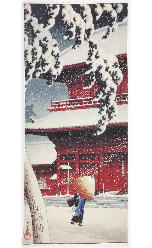 Ukiyo-e hand towel from Kawase Hasui's Twenty Views of Tokyo, Zojoji Temple, Shiba