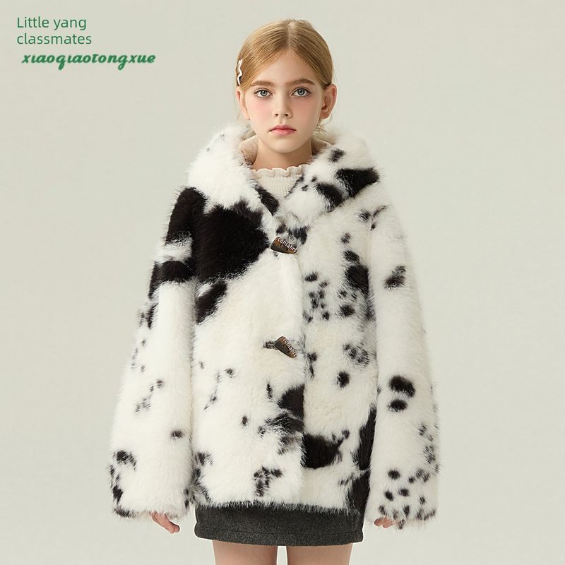 Children s Faux Fur Coat Winter New Style Girls  Faux Fox Fur Cardigan for Older Kids Cow Print Korean Style Fur Top Korean Style White 110