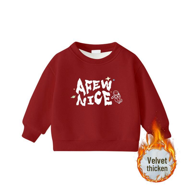 Children's Cartoon Print Velvet Lined Hoodie - Round Neck, Long Sleeve, Thickened Warm Base Layer