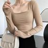 Long-sleeved Square-neck T-shirt Women's Slim-fit Exposed Collarbone Low-neck Short Top Bottoming Shirt
