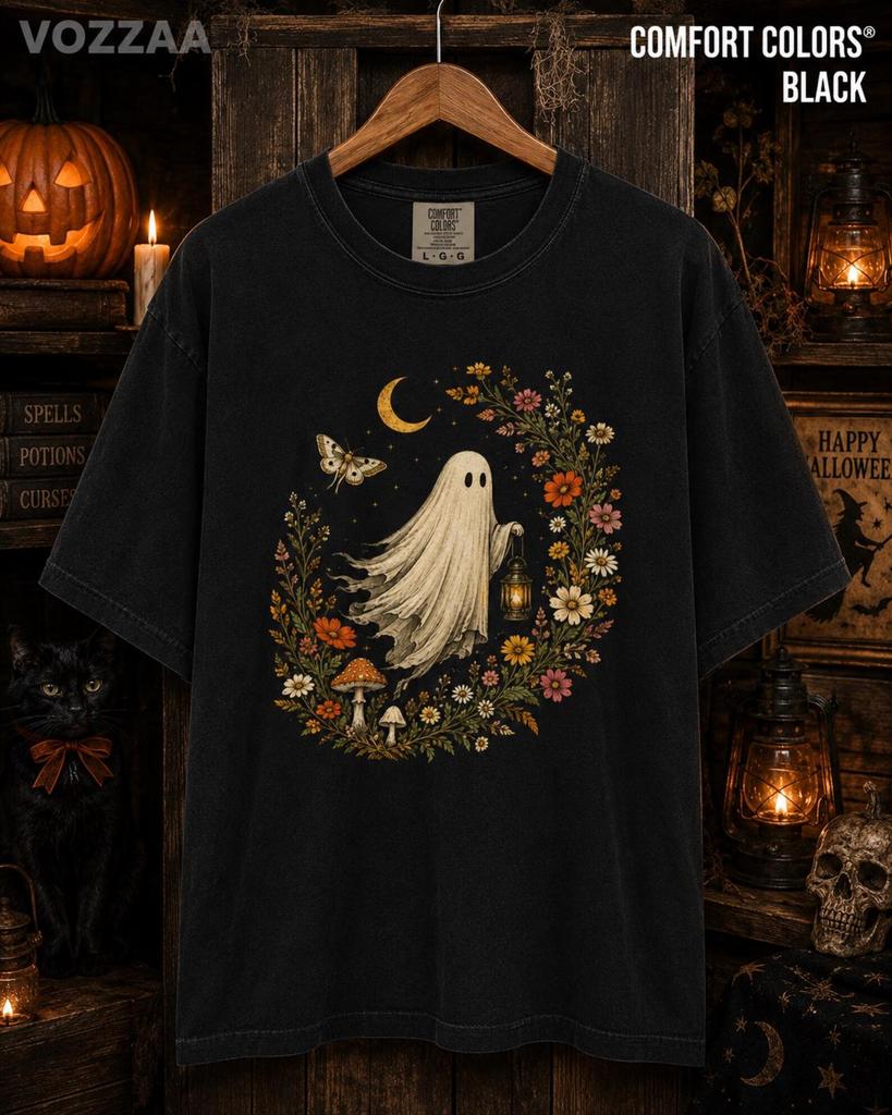 Vintage Floral Ghost T-Shirt, Cottagecore Halloween Tee, Comfort Colors 1717