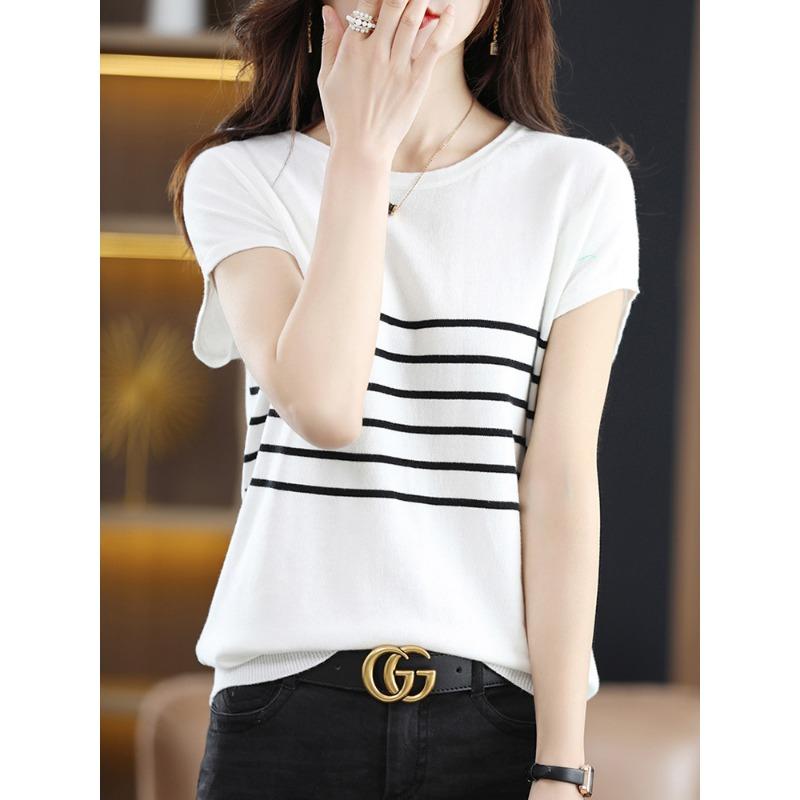 Pure Cotton Round Neck Striped Sweater T-shirt for Women In Summer New Simple and Versatile Short-sleeved Soft Top