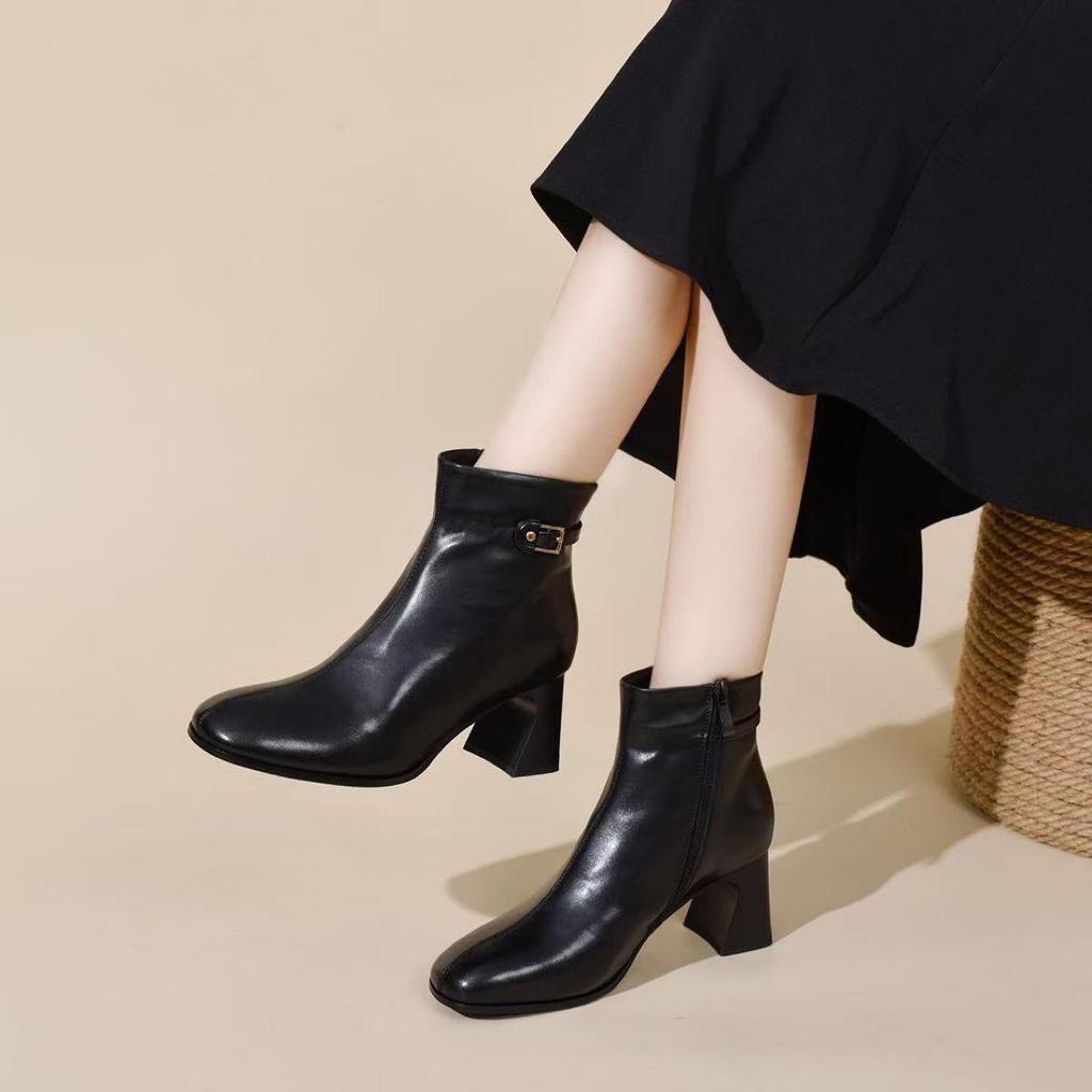 Balerini din piele naturală pentru femei - Piele de oaie, Vârf pătrat, Toc gros, Căptușiți cu pluș pentru iarnă, Piele moale pentru primăvară/toamnă.