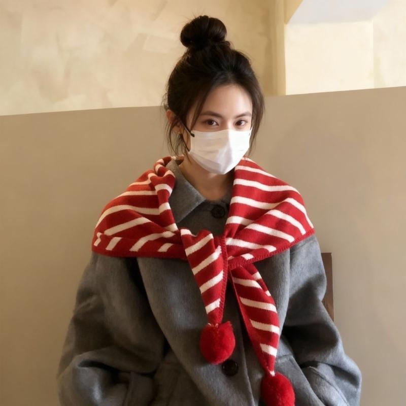 Red White Striped Knitted Neck Shawl Scarf Fluffy Pom Poms Soft Warm Perfect For Daily Wear Winter Outings Christmas Gatherings