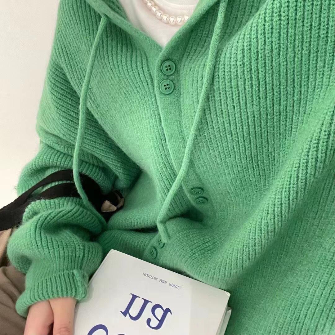 

Осенне-зимний женский свитер с капюшоном, вязаный кардиган, мягкий свободный свитер, пальто, топ с длинными рукавами One Size зелёный