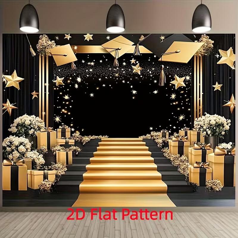 

2D Elegant Graduation Backdrop, Black Gold Theme with Golden Stairs for Prom and Events 47.2x31.5inch/120*80cm
