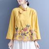 Women Chinese Style Cotton Linen Blouse Mandarin Collar Asymmetric Frog Button Peony Embroidery Three Quarter Sleeve Loose Traditional Ethnic Top