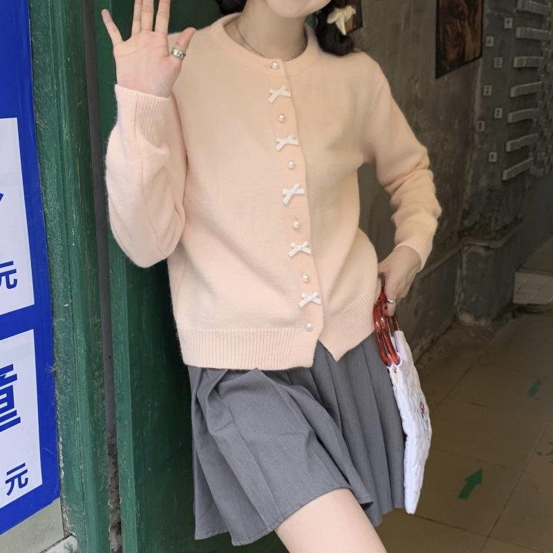 Korean Spring Autumn Sweet Style Youthful Red Bow Fashion Knit Cardigan Sweater