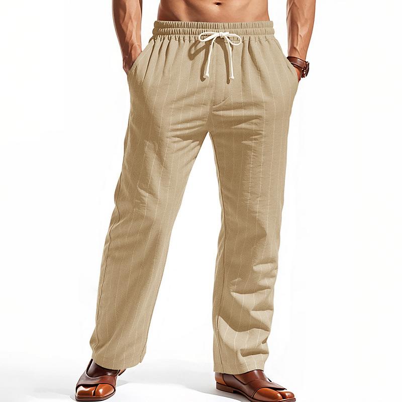 Linen Beach Trousers with Drawstring and Vertical Stripes Straight-Leg Comfortable Breathable Casual Long Trousers for Men