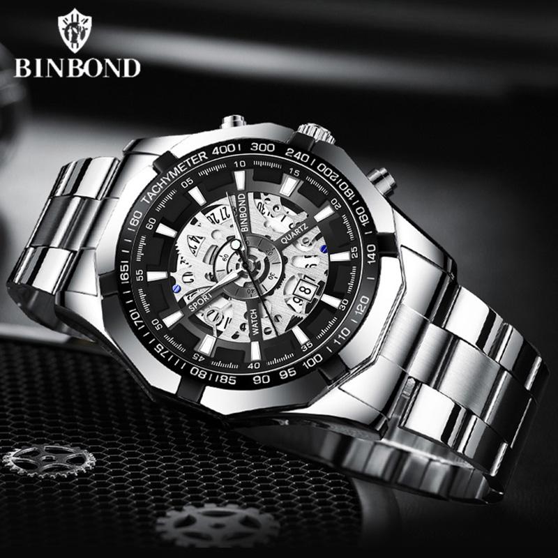 BINBOND Men Watch Light Luxury Brand Business Hollow Luminous Waterproof Stainless Steel Metal Strap Male Fashion Quartz Watches