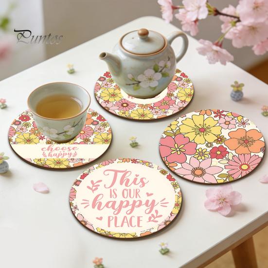 Easter Table Decor 4PCS Flower Coasters Set, Thick Cork Base Non-Slip Heat Resistant Drink Cute Animal Print Coasters, Floral Decorative for