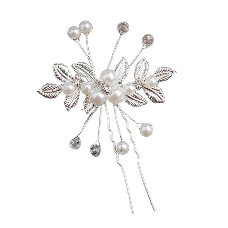 Crystal Pearl Flower Hair Pins Clips U-Shaped Hairpin Gold Leaf Pearl Hair Fork