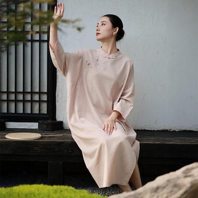 Robe de style chinois pour femme, manches longues, couleur unie, boutons, coupe trapèze, style vintage