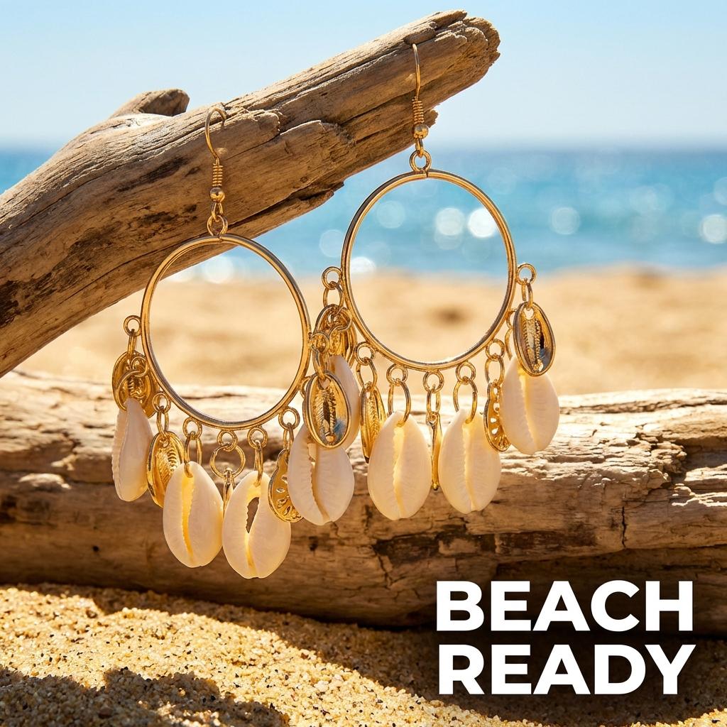 Bohemian Shell Starfish Turquoise Bead Large Hoop Earrings for Women Metal Conch Seashell Circle Dangle Earring Vacation Jewelry