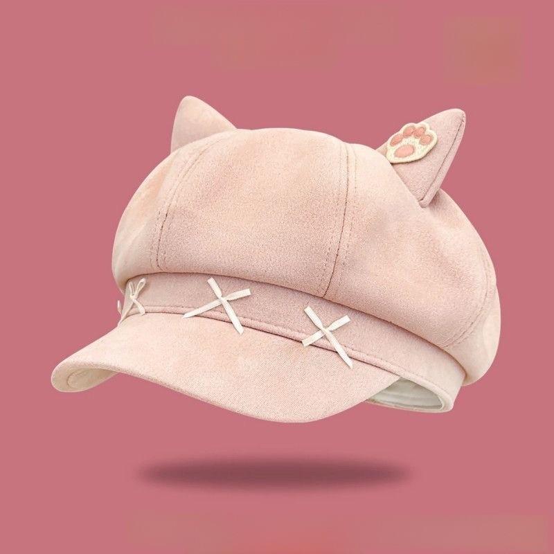

Cat Ears Octagonal Beanie Hat With Wide Brim For Winter Warmth розовый