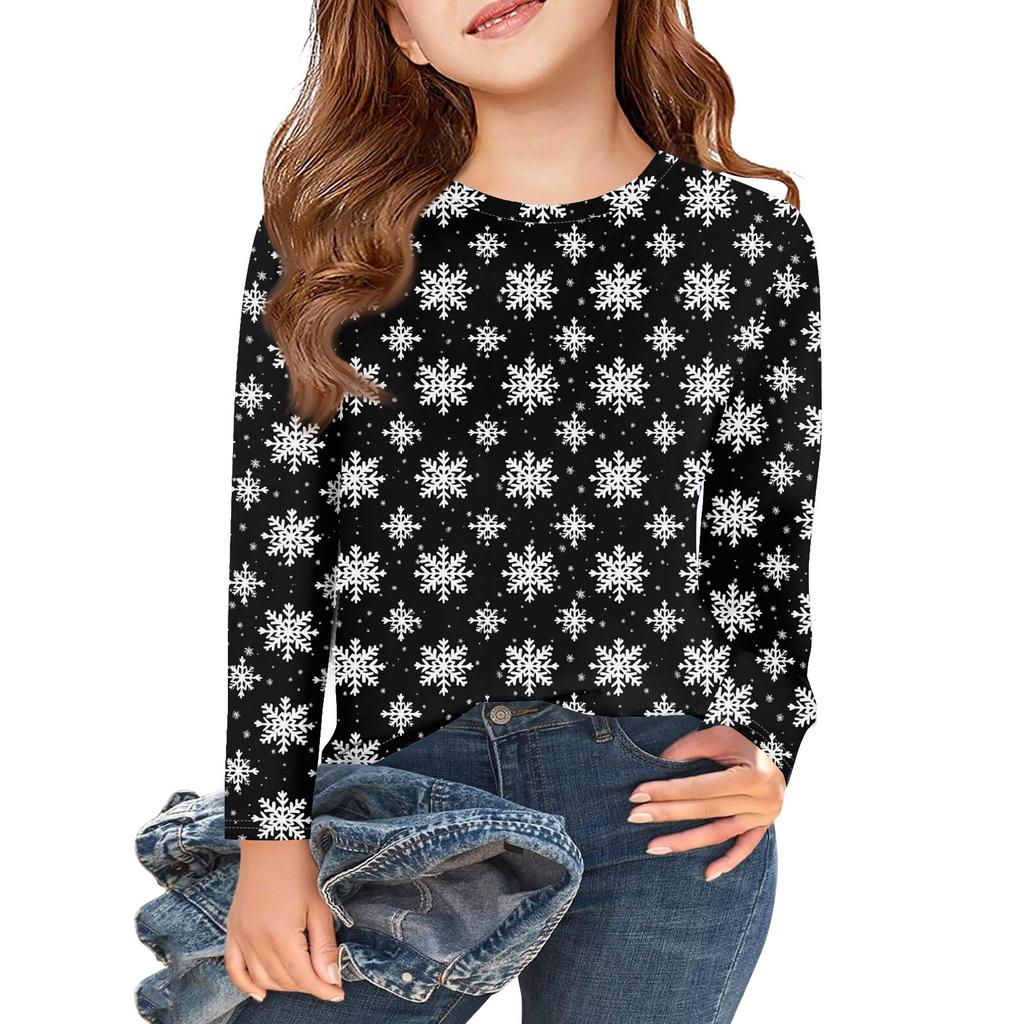 Christmas Day Girls Long Sleeve T Shirts Kids Fall Tops Crewneck Printed Basic Tees