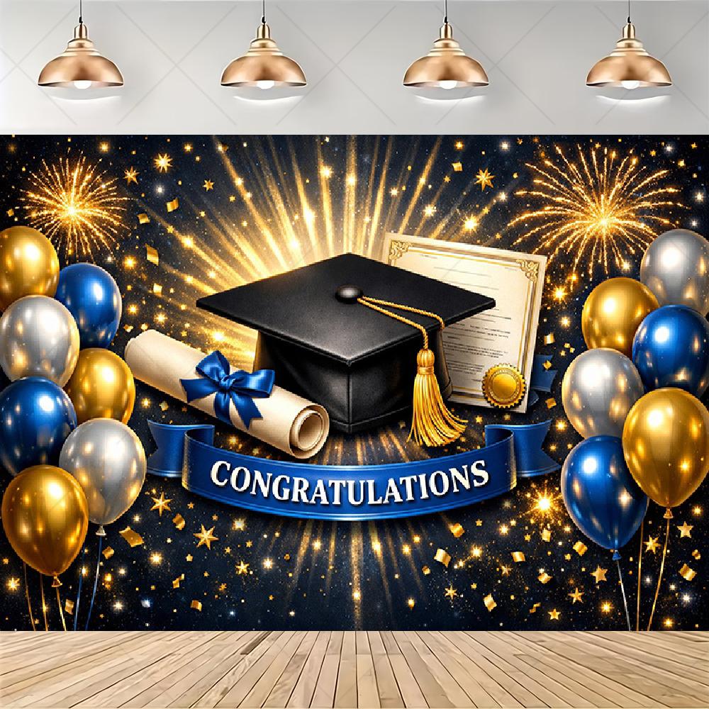 Black Gold Graduation Backdrop Graduate Cap Diploma Photography Background Graduation Party Celebration Photo Booth Banner Props