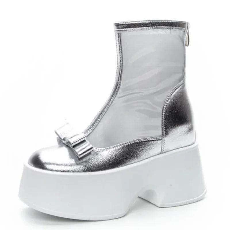 Fashion 11cm Air Mesh Breathable Spring Motorcycle Ankle Boots Summer Ladies Hollow ZIP Boots Woman Fashion Patent Leather Shoes Sandals