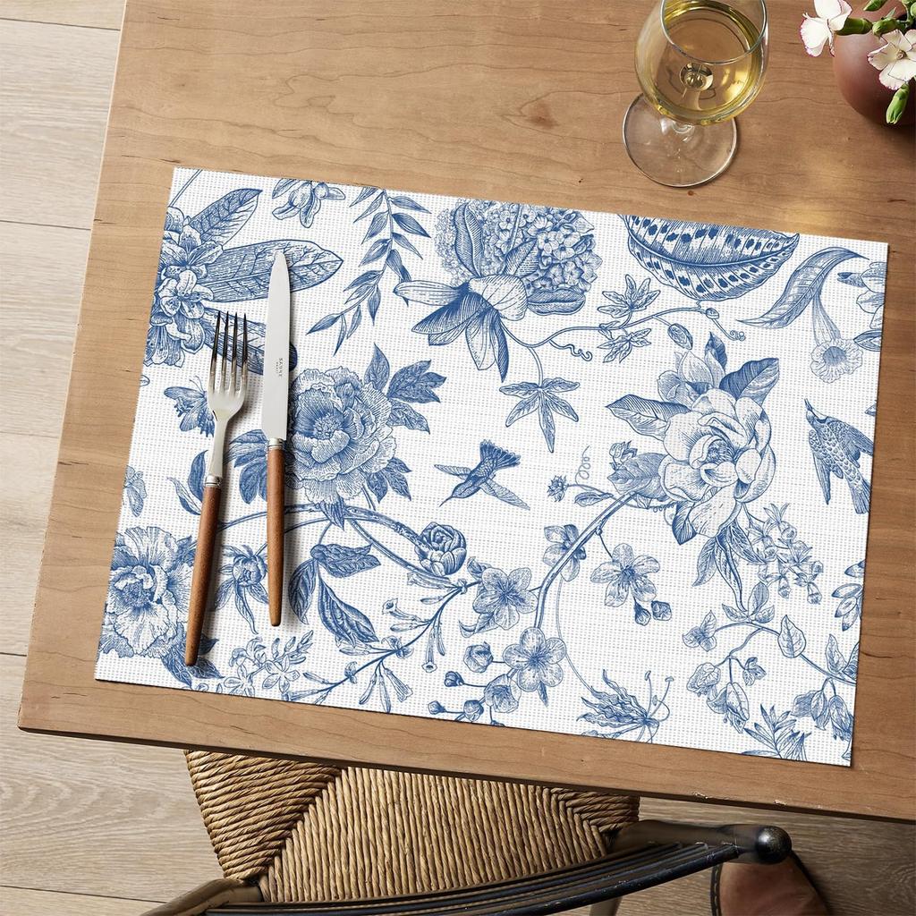 Blaues Blumenmuster Vögel Frühling Vinyl Tischsets Set of 4, Waschbar Hitzebeständig Rutschfest Gewebter Kunststoff PVC Platzsets