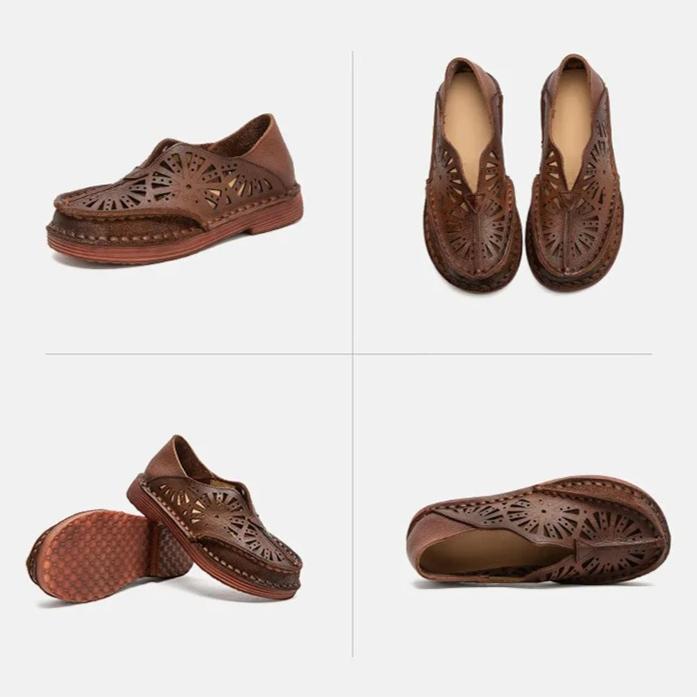 Johnature Genuine Leather Retro Hollow-out Breathable Sandals Versatile Comfortable Women's Slip-on Shoes