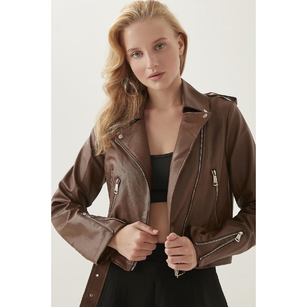 Jachetă de piele neagră cu fermoar pentru femei