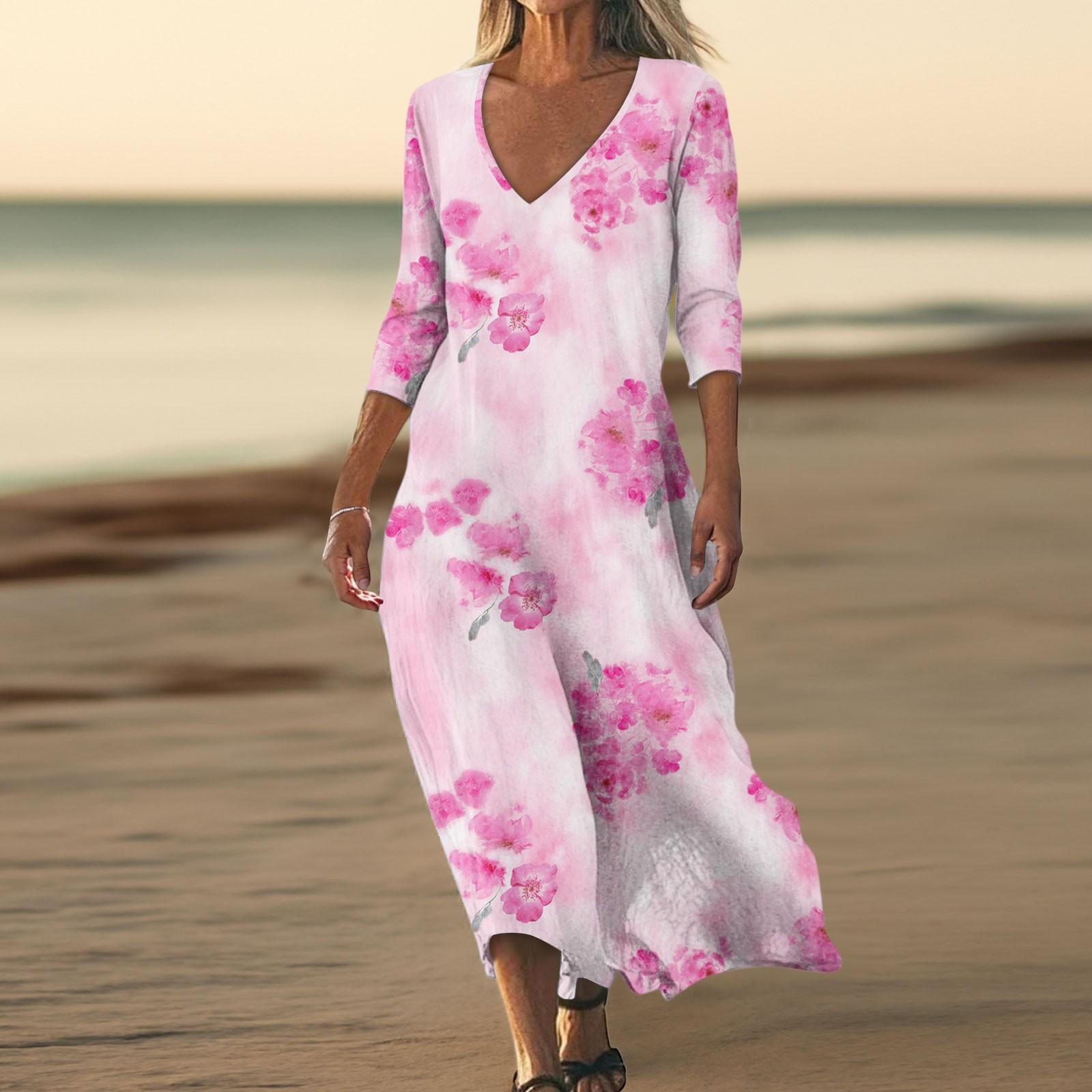 

Платья для женщин Винтажный принт Туника с завышенной талией Миди-платье Летнее повседневное Платье с рукавом 3/4 M розовый