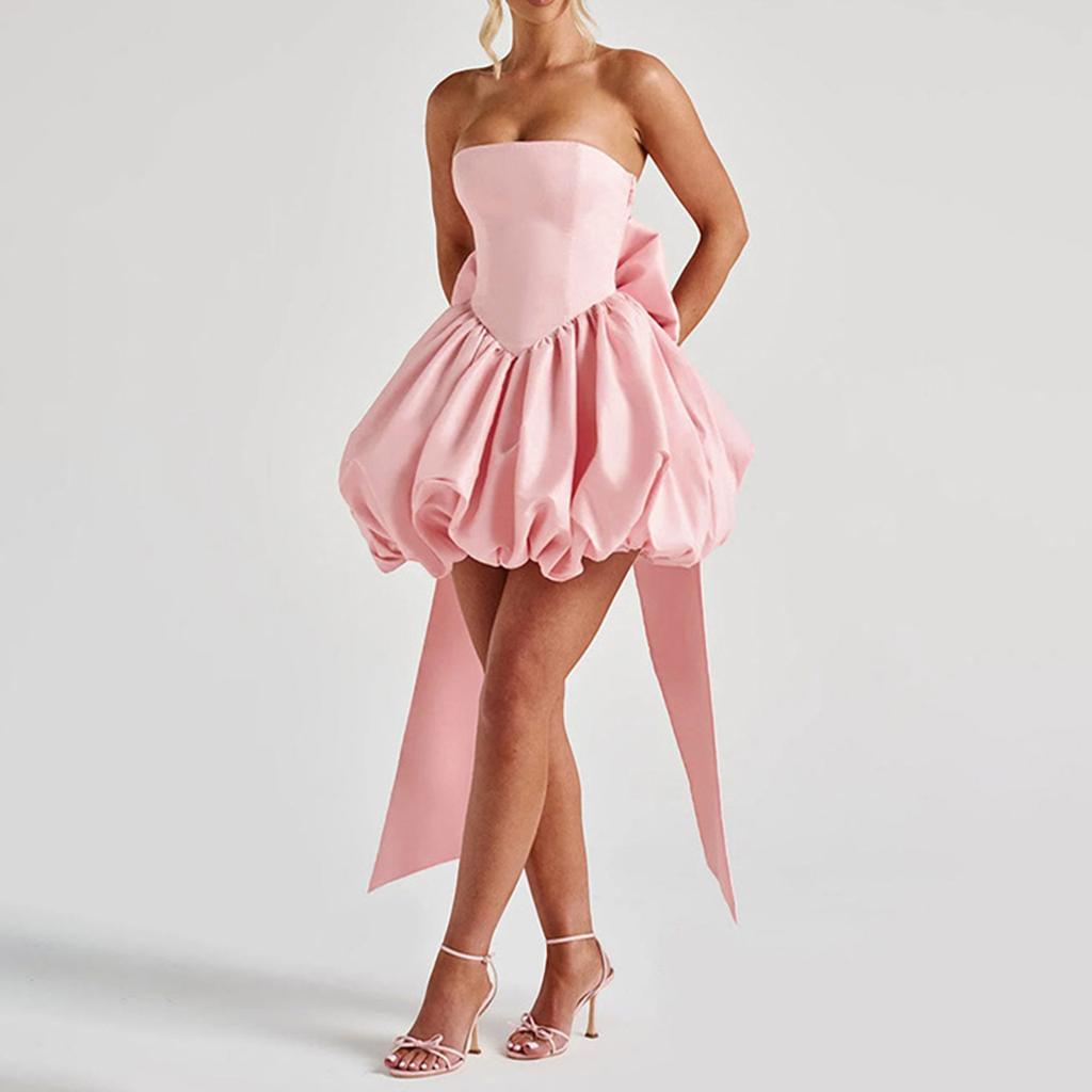 Women's Fashionable And Sexy Strapless Evening Dress With Slits And Bow.