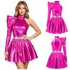 Women Halloween Cosplay Dress 80s Disco Metallic Mock Neck One Shoulder Long Sleeve Back Zip Asymmetrical Gown for Party