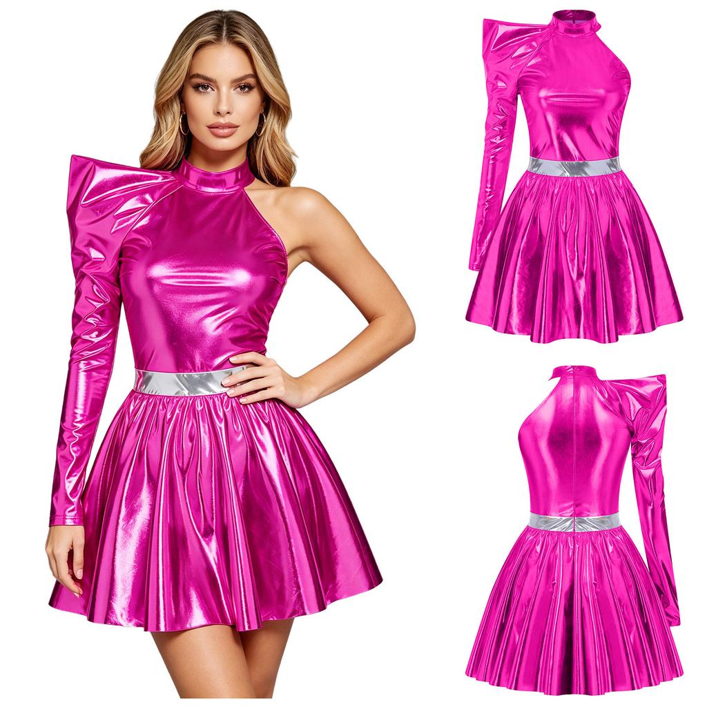 Women Halloween Cosplay Dress 80s Disco Metallic Mock Neck One Shoulder Long Sleeve Back Zip Asymmetrical Gown for Party