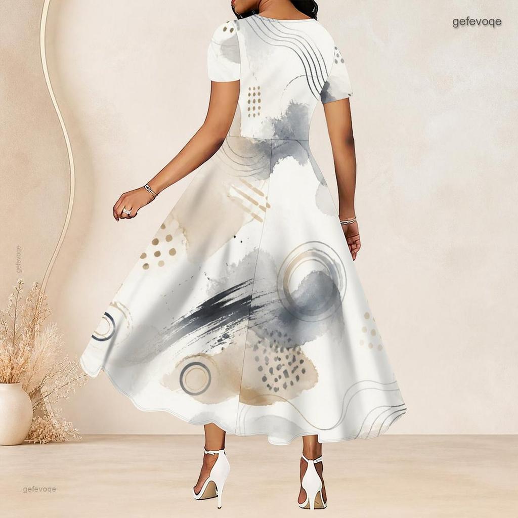 Women Plus Size Round Neck Short Sleeve Abstract Printed A Line Long Dress