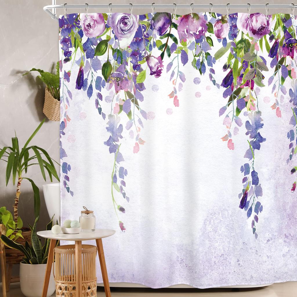 Lavender Shower Curtain with Hooks Waterproof Polyester Fabric Purple Floral Plant Bathroom Bathtub Curtains for Bath Room Tub