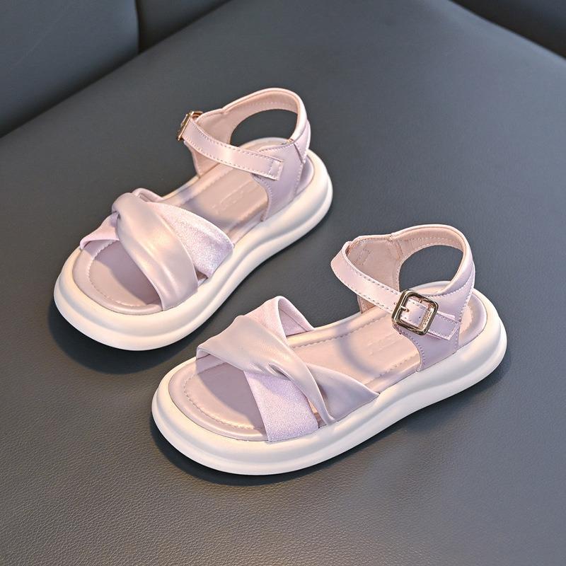 

New Arrival Girls One-Strap Buckle Sandals, Soft Leather Soft Sole Fashion Versatile Trendy Kids Shoes, Summer Hollow Thick Sole Sandals 26 розовый
