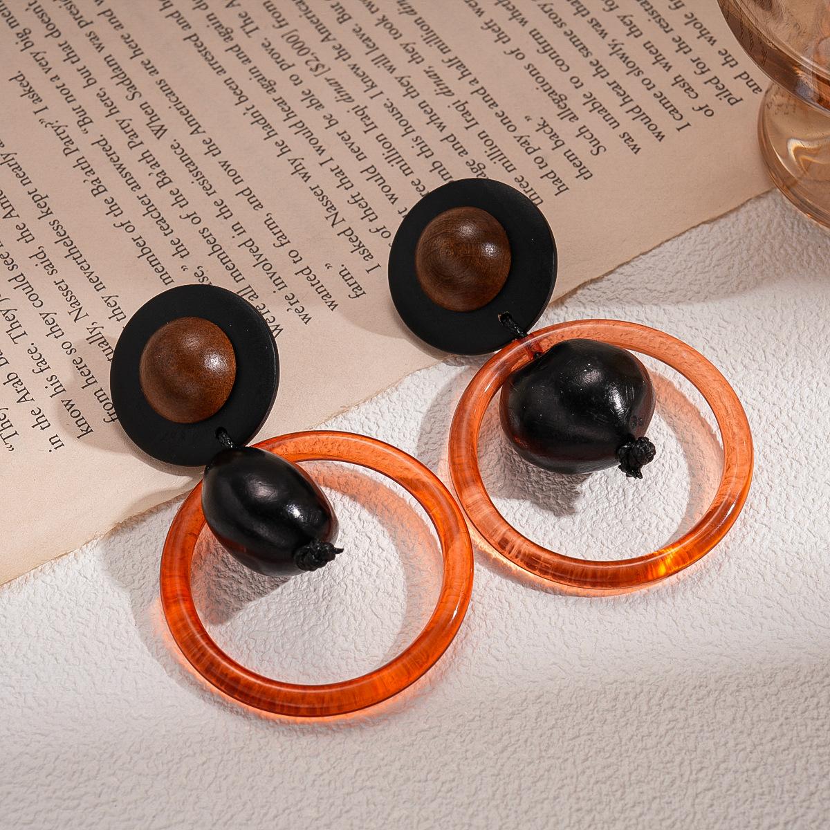 Resin Wood Bead Round Geometric Silver Needle Earrings Fashion Sexy Temperament Earrings