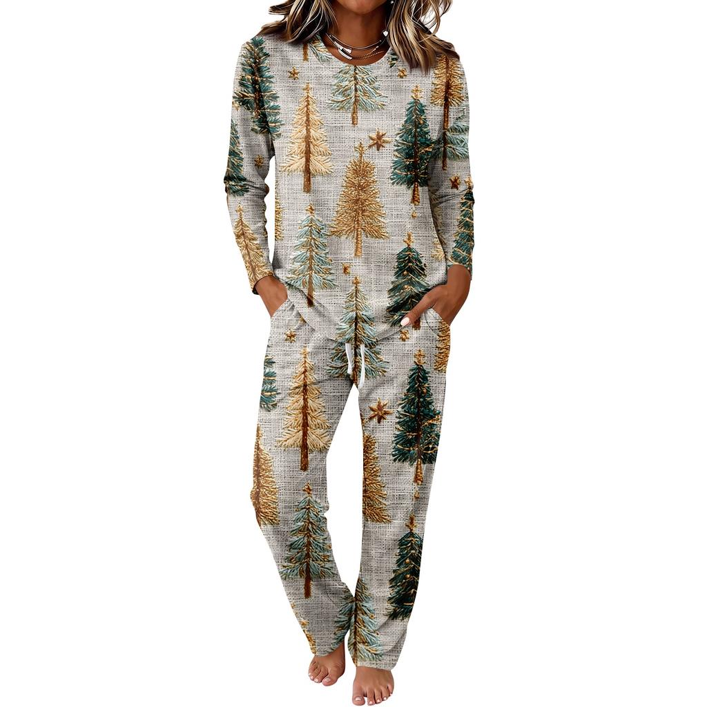 Women's Casual Pajama Set with Round Neck Long Sleeve and Wide Leg Pants for Sleep