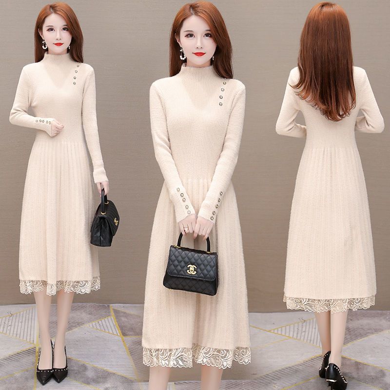 

Осенне-зимние платья длиной до колена Женские сетчатые платья-свитера Кружевные вязаные платья Пуловеры с полувысоким воротником 2XL бежевый