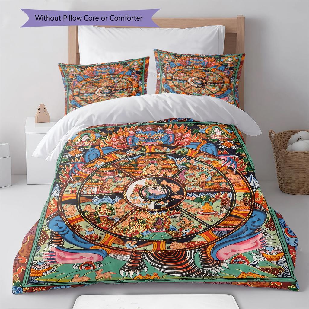 Buddhism Wheel Pattern Bedding Quilt Set Quilt Cover Pillowcase Home Decoration Gift (1 * duvet cover + 2 * pillowcase, without core)