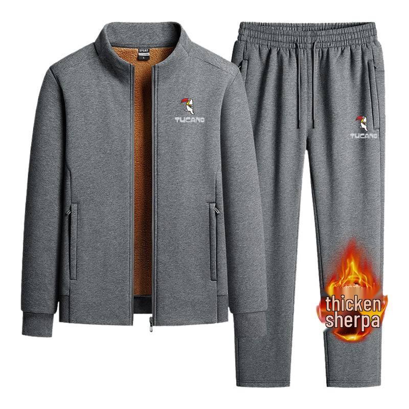 Woodpecker Men's Winter Lambswool Tracksuit Set - Stand Collar, Fleece-Lined, Loose Fit, Two-Piece