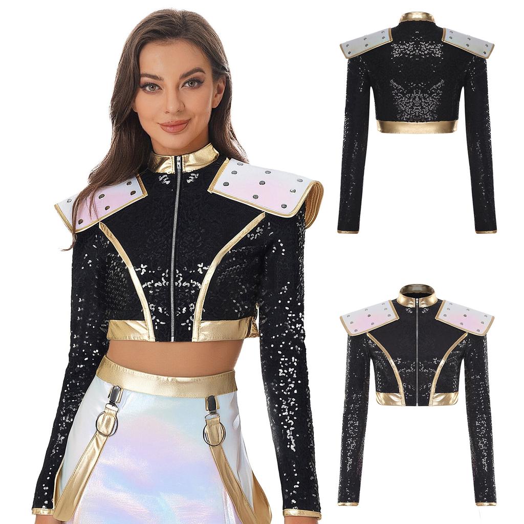 S-4XL Womens Singer Dance Cosplay Costume Long Sleeve Shoulder Epaulet Front Zipper Metallic Patchwork Sequin Crop Top Jacket