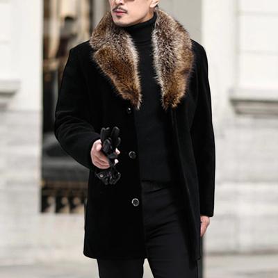 Casaco Masculino de Lã Gola de Pele Sintética Cor Sólida Abotoamento Simples Ajuste Slim À Prova de Frio Top Outerwear Outono Inverno Jaqueta Corta-vento para Uso Diário